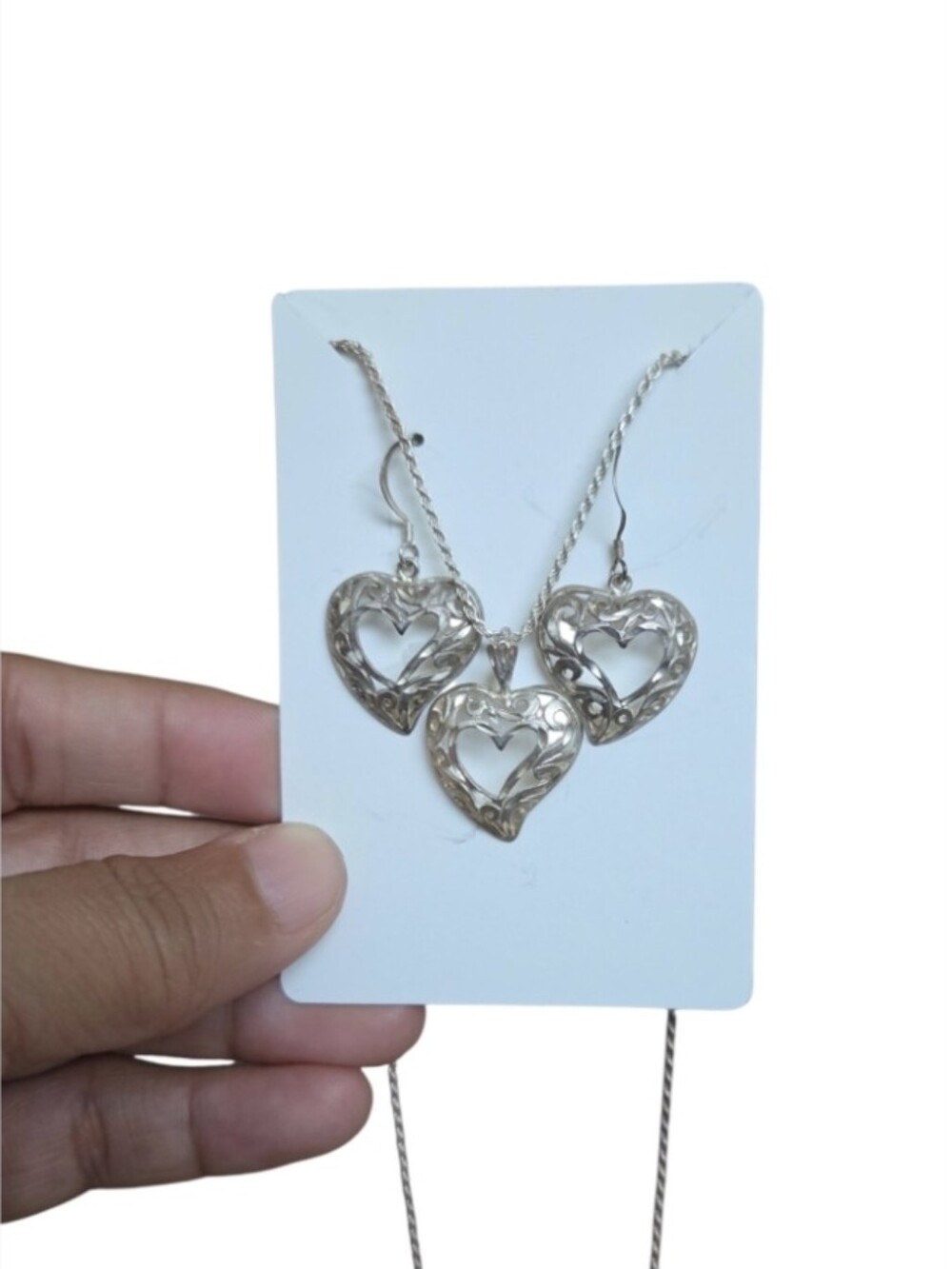 Vintage 925 Italy Silver Heart Filigree Necklace & Earring Set - Picture 1 of 3